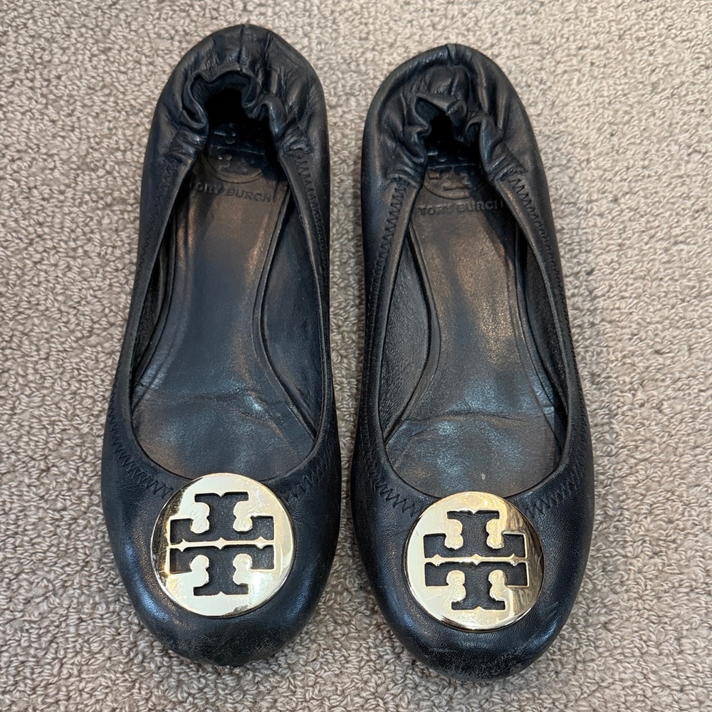 Tory Burch Black Flats with Gold Emblem